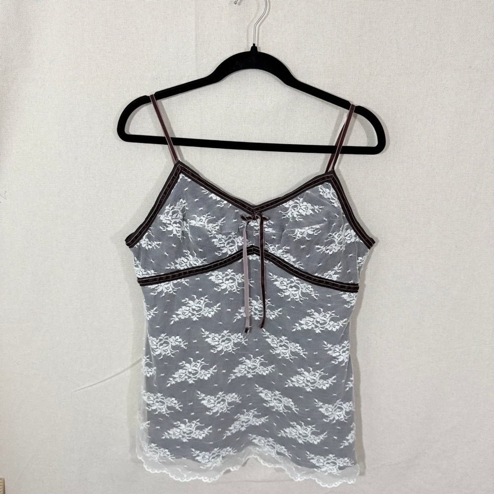 Vintage George Y2K Floral Lace Camisole Brown Velvet Trim White Large L 12/14